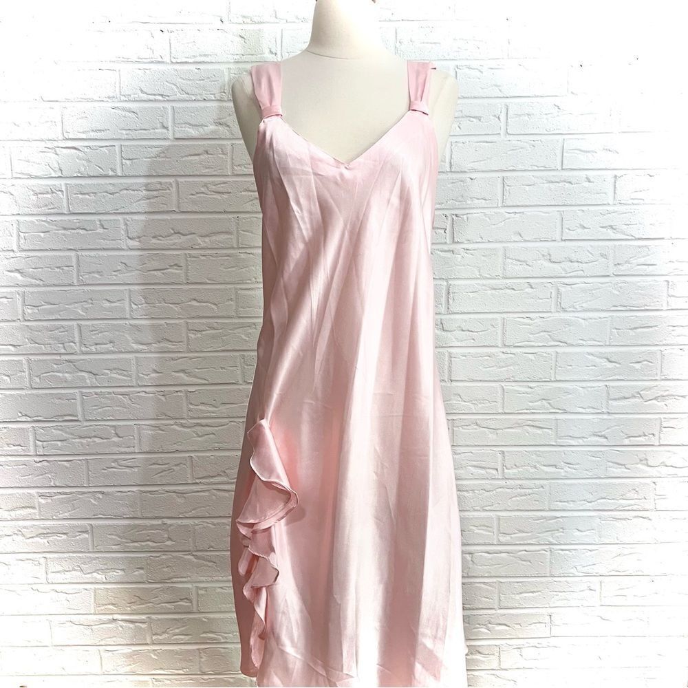 VINTAGE Gold Label Victoria’s Secret Light Pink Satin Ruffle Back Drop Gown Med